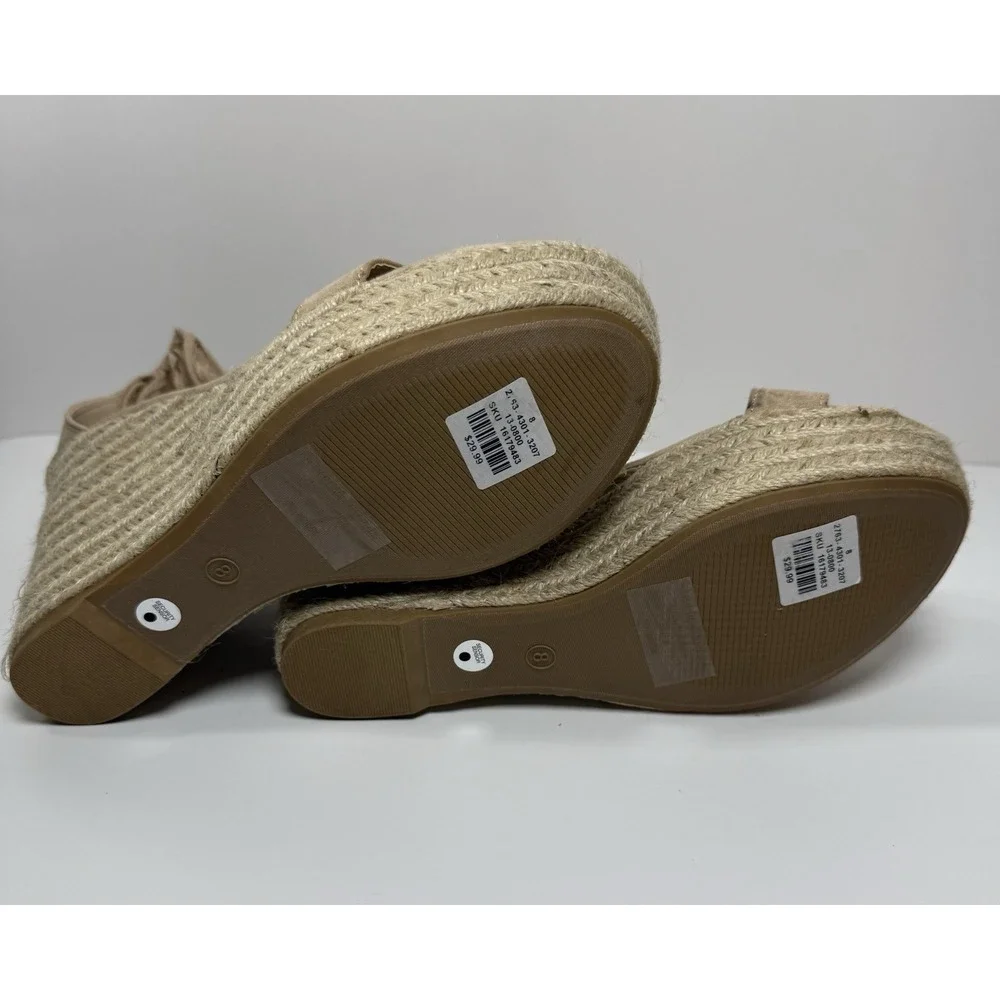 Beige Fringe Espadrille Wedge Sandals Zipper Ankle Strap Fabric Women Size 8